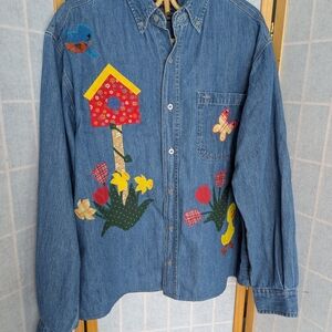 Denim Button Down Shirt with Floral and Birdhouse Design